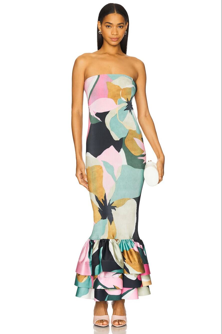 L'Idee Ramblas Dress Floral Plisse Strapless Tiered Pull On Maxi Green Calypso 4